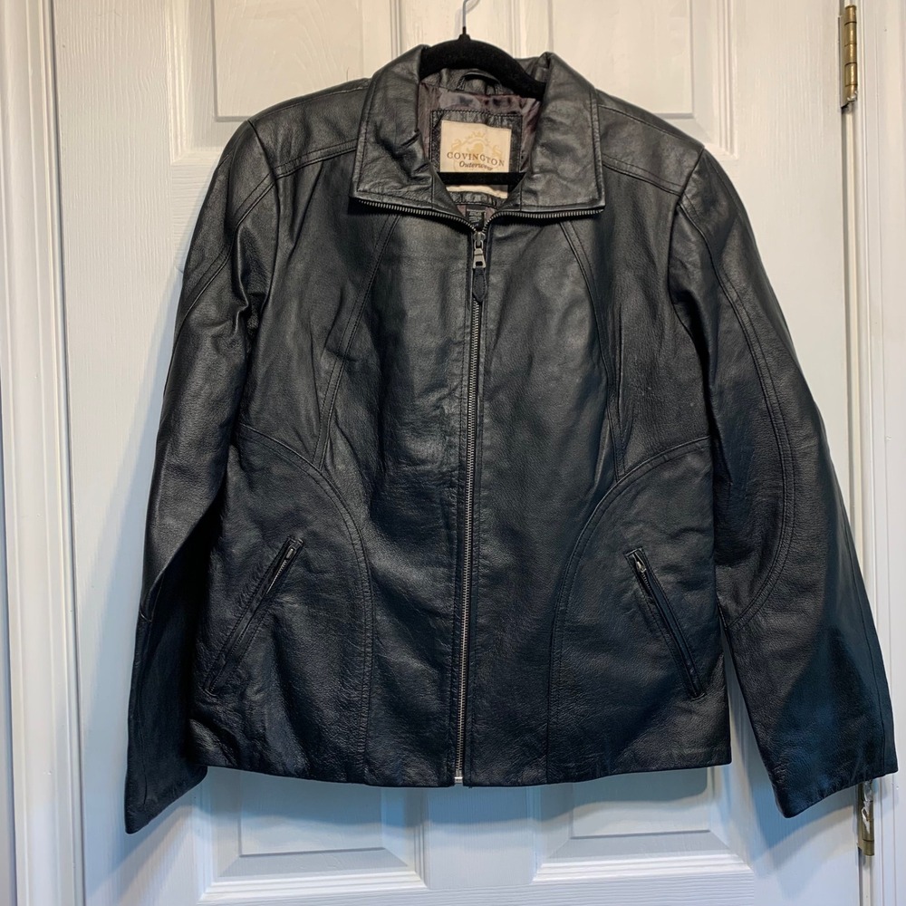Covington Leather Jacket Large Black Full Zip Moto Biker Classic Coat Grunge
